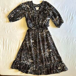 Vtg 80s Black Wildflower Print Midi Prairie Dress Sz 9 Cottage Whimsigoth Fairy‎